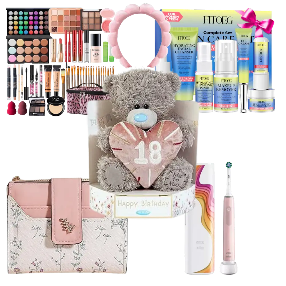 Makeup set, Skincare products, makeup headband, purse, chocolate, electric toothbrush and an 18th birthday Teddy.