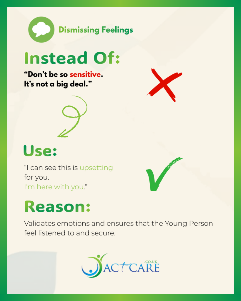 Contrast between dismissing emotions and validating a young person’s feelings with reassurance and support. Fourth key to provide positive communication with young people.