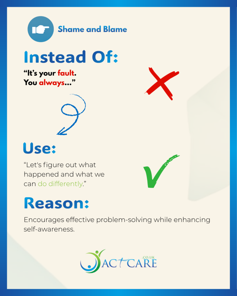 Comparison of blaming language versus constructive problem-solving that encourages learning and self-awareness. Fifth key to provide positive communication with young people.