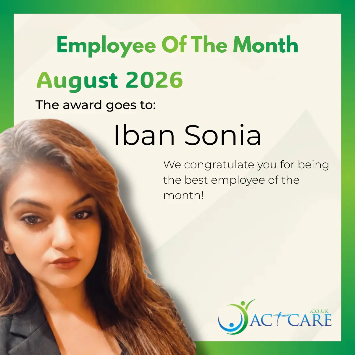 Employee of the Month August 2026 award graphic featuring a portrait of a staff member with congratulatory text recognising the recipient of ACT Care's Employee of the Month award.