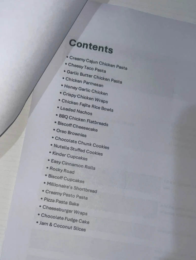 Contents page of a personalised recipe book showing a variety of meal and baking recipes.
