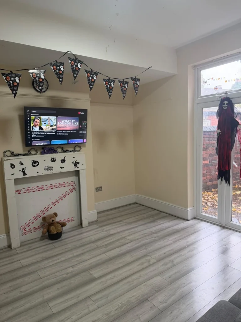 Halloween decorations displayed in the communal living area of a residential care home
